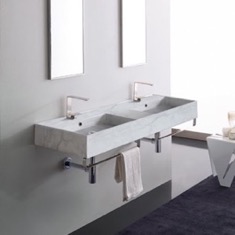 Marble Design Ceramic Wall Mounted Double Sink With Polished Chrome Towel Holder